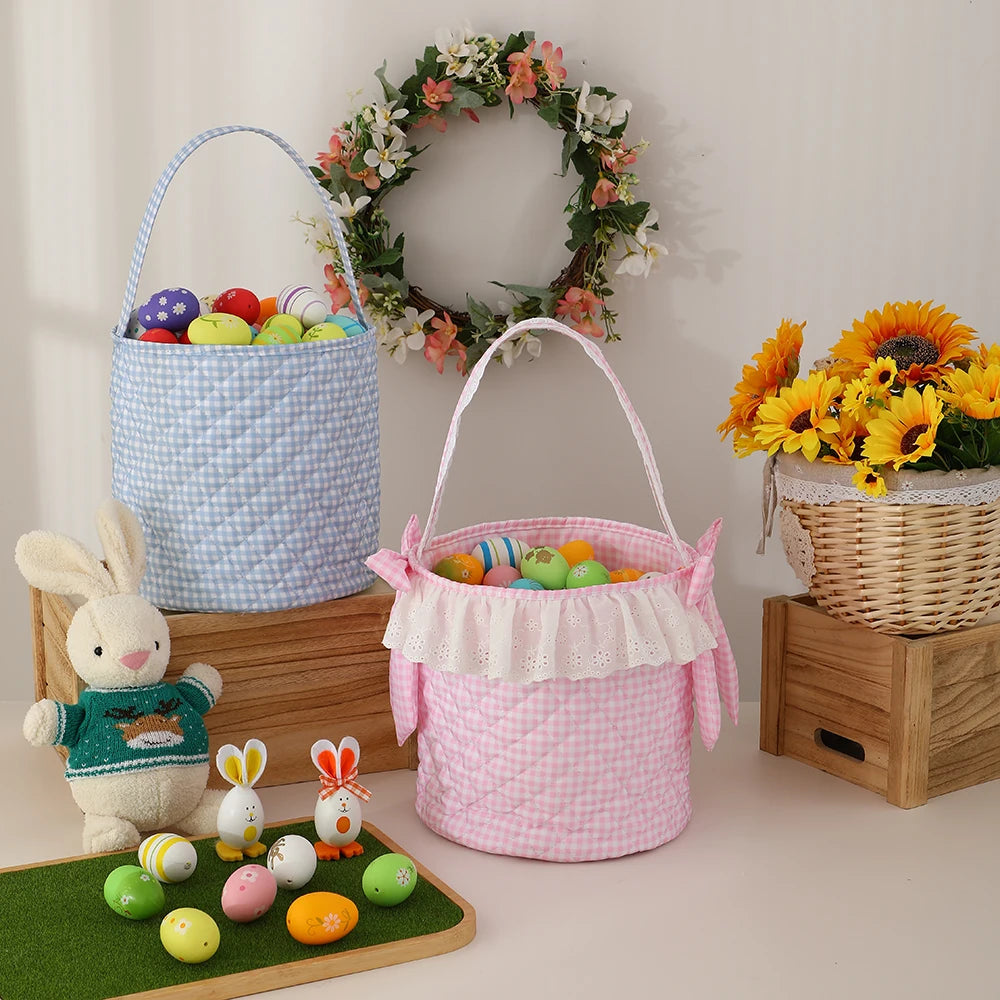 Easter Basket With Lace For Kids Trim Cute Quilted Gingham Egg Hunting Basket Spring Gift-giving Easter Accessory Party Supply
