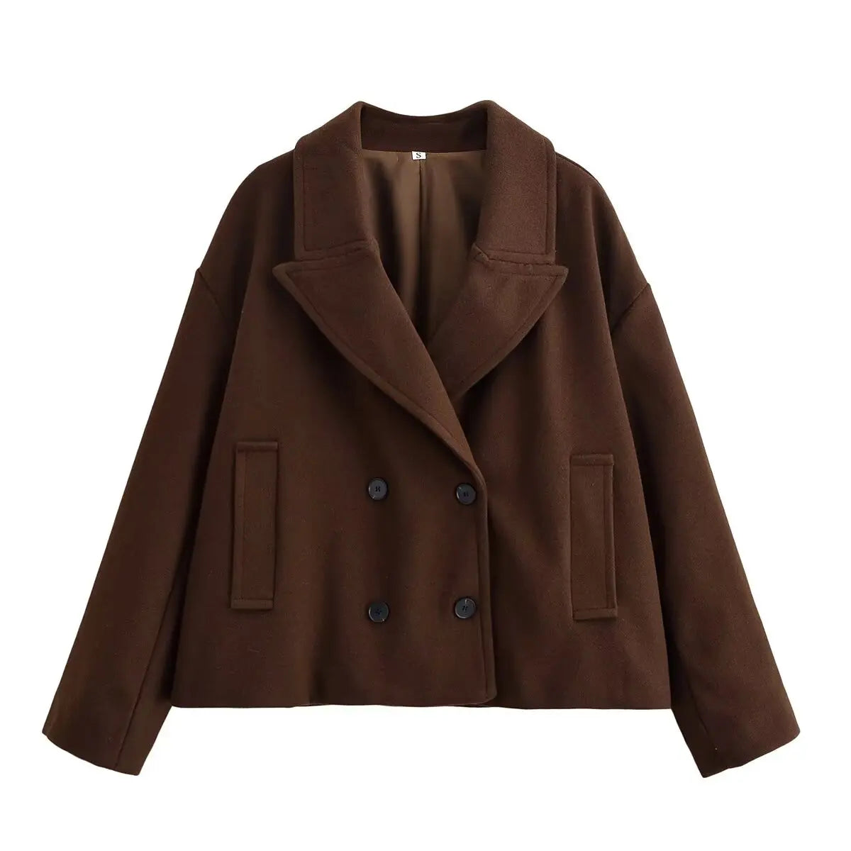 HH Women Winter Fashion Versatile Lapel Double Breasted Wool Short Coat Female Pocket Decoration Solid Long Sleeve Casual Jacket