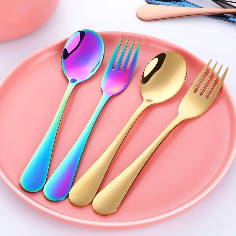 2Pcs Children Dinnerware Set Portable Student Fork Spoon Set Colorful Stainless Steel Tableware Reusable Child Food Quality
