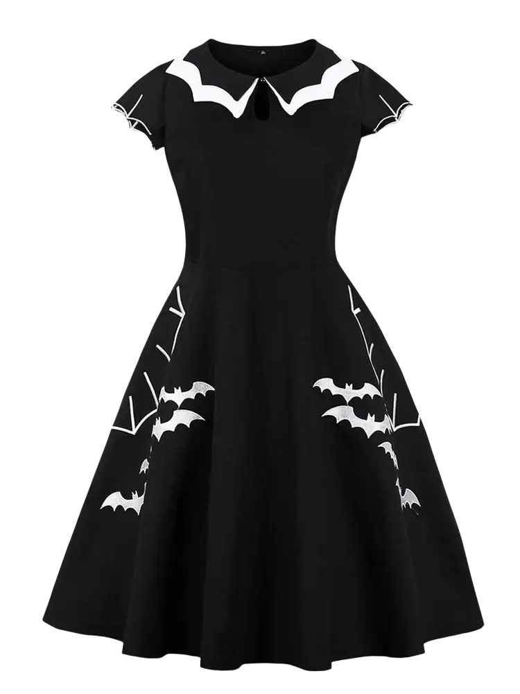 Black tonval cap sleeve dress with white bat embroidery and scalloped collar for halloween vintage party wear