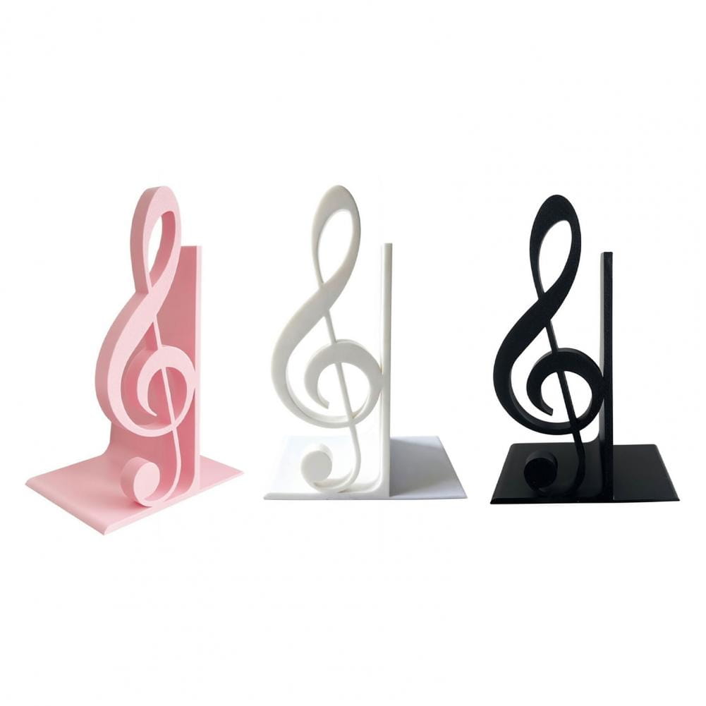 Set aus drei 3D-gedruckten Buchstützen in Form eines Violinschlüssels in Rosa, Weiß und Schwarz, entworfen als moderne Musikdekoration.
