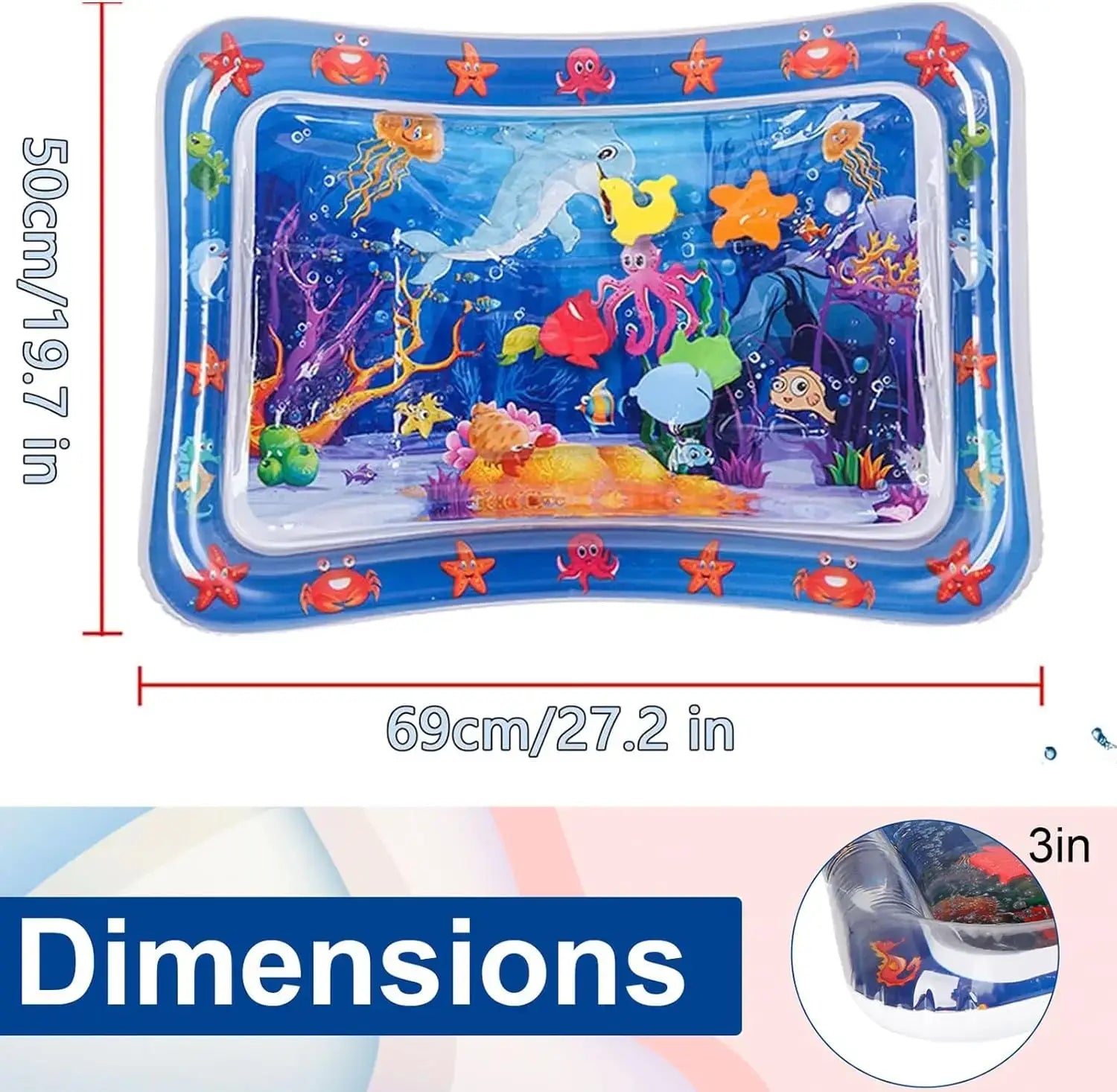 Blue inflatable water mat ocean theme pet play mat featuring a vibrant underwater scene with colorful fish octopuses crabs and coral for interactive pet use.