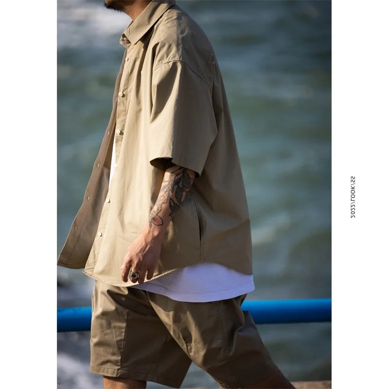 Summer New Style Retro Japanese Short Sleeve Shirt Loose Casual Versatile Half Sleeve Shirt for Men And Women Cityboy Workwear