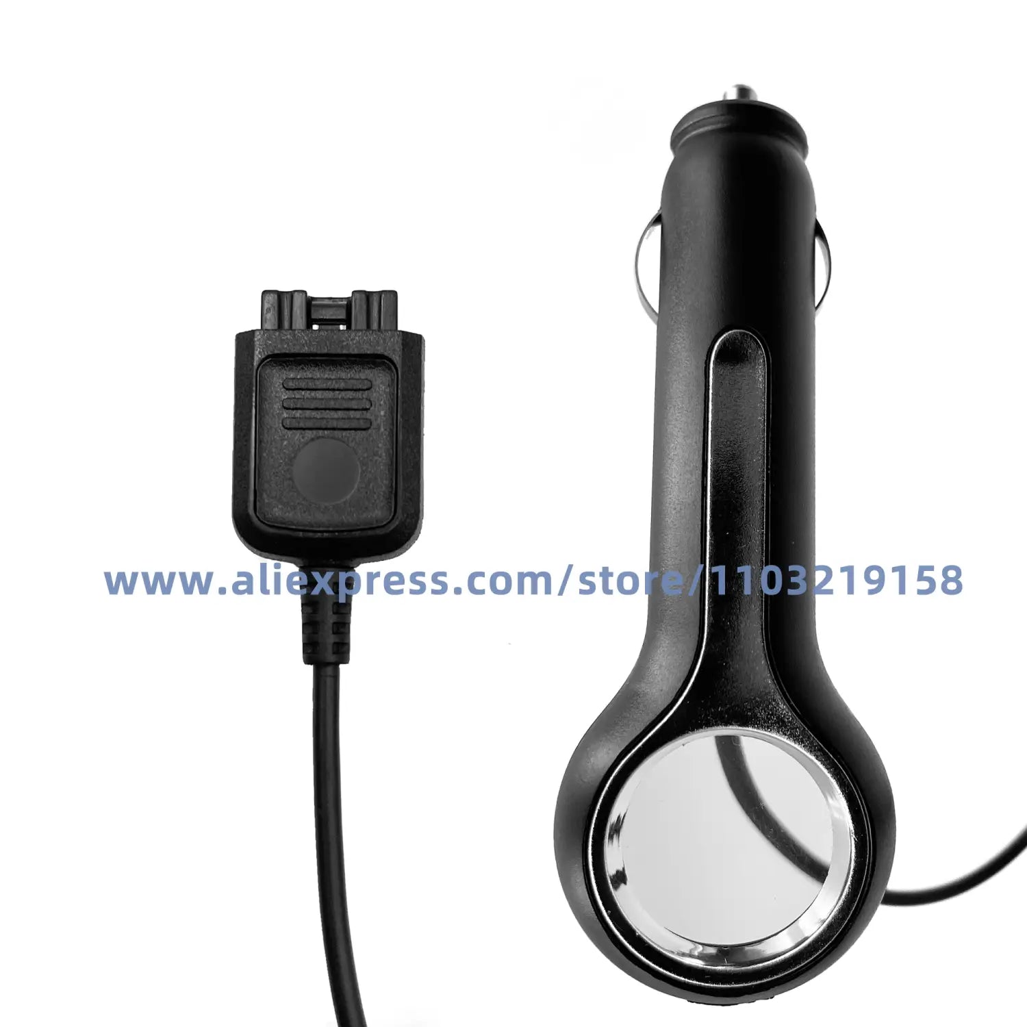 モトローラ MT P3100、MTP3150、MTP3250 各モデル用の、シルバーの円形アクセントを備えたブラックの自動車用充電器および、ブラックケーブル