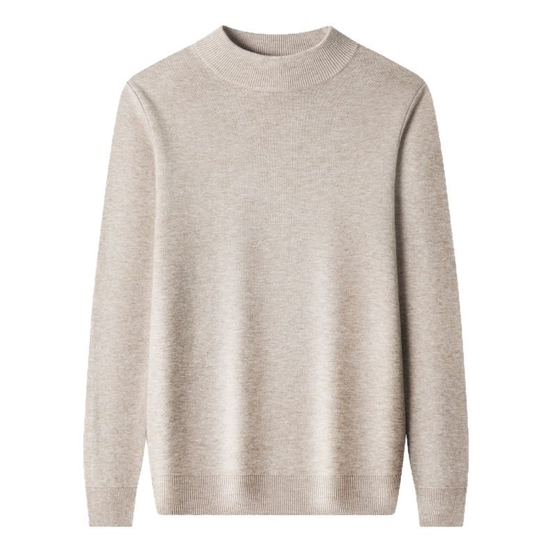 Beiger Herren-Strickpullover mit Rundhalsausschnitt, weicher strukturierter Beschaffenheit und gerippten Bündchen, ideal für lässige Winterkleidung.