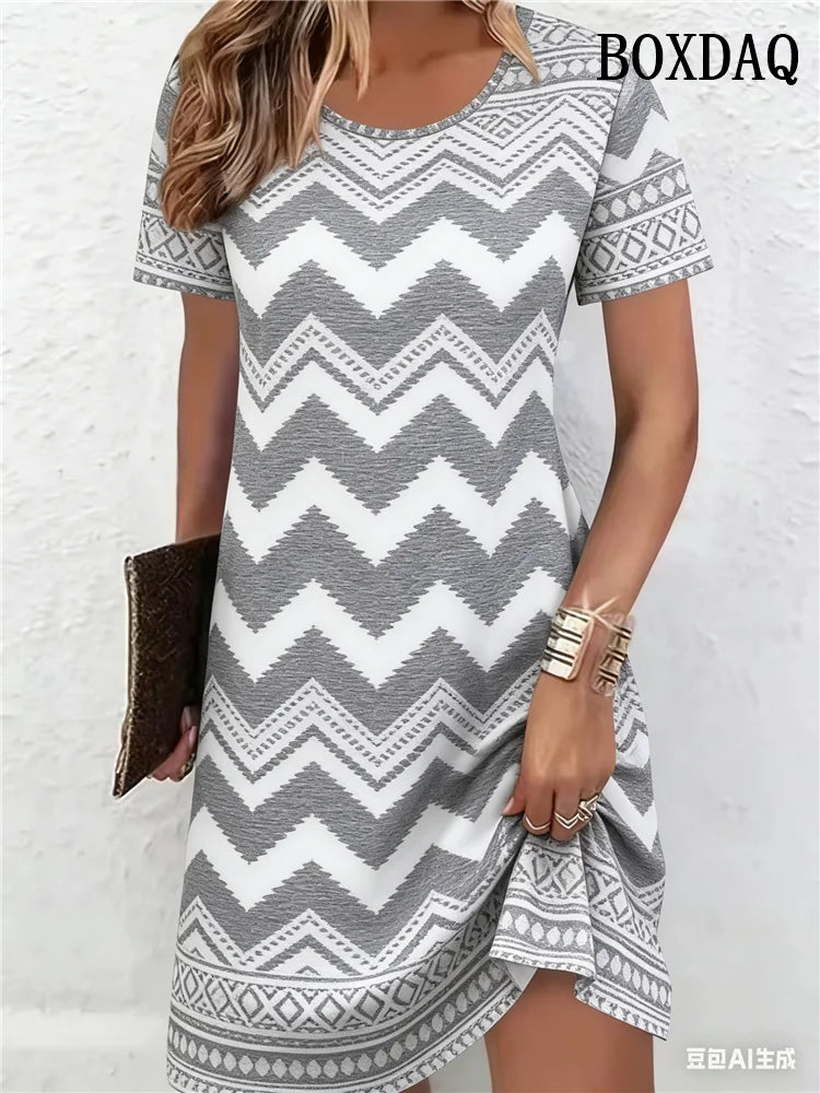 Ethnic Style Pattern 3D Printing Dresses For Women 2026 Fashion Summer Short Sleeve Loose A-Line Dress Casual Women's Clothing