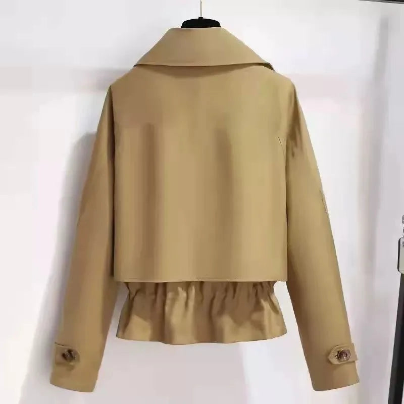 2026 New Collection Women's Short Trench Coat British Style Lapel Double-Breasted Drawstring Waist Jacket Autumn Casual Outwear