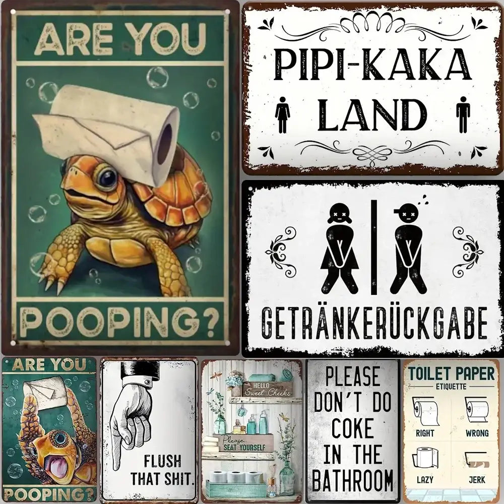 Vintage bathroom metal sign with humorous toilet-themed designs in various colors displayed front view