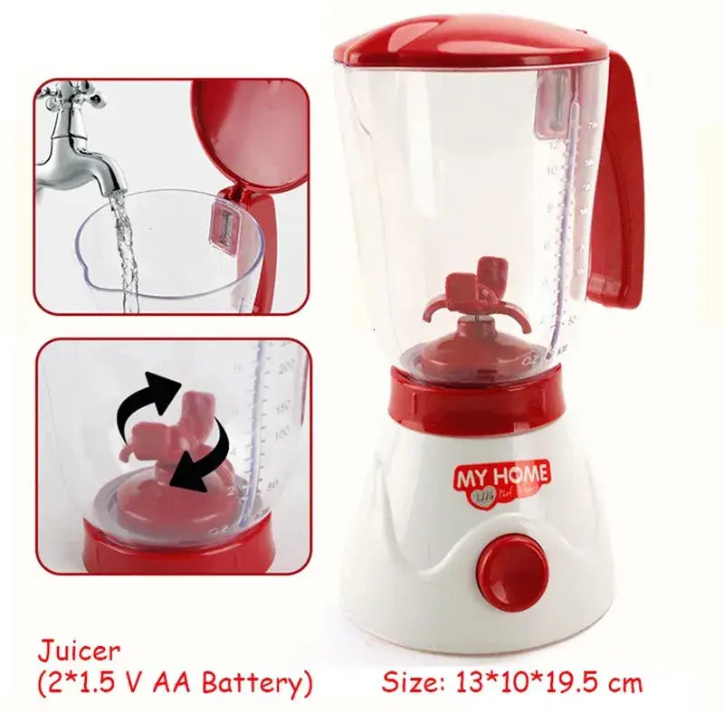 Roter und weißer Kunststoff-Spiel-Küchenblender für Kinder mit klarem Krug, gekennzeichnet mit „my home“, für Rollenspiel-Lebensmittel.