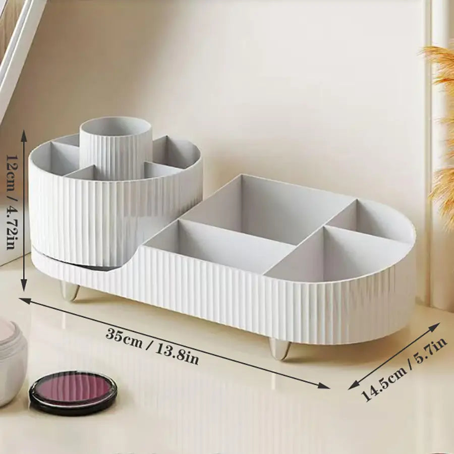 Weißer gerippter Kunststoff-Dreh-Make-up-Organizer, Kosmetik-Display-Gehäuse mit kreisförmigen und rechteckigen Fächern für die Verwendung als moderne Stil-Aufbewahrungsbox.