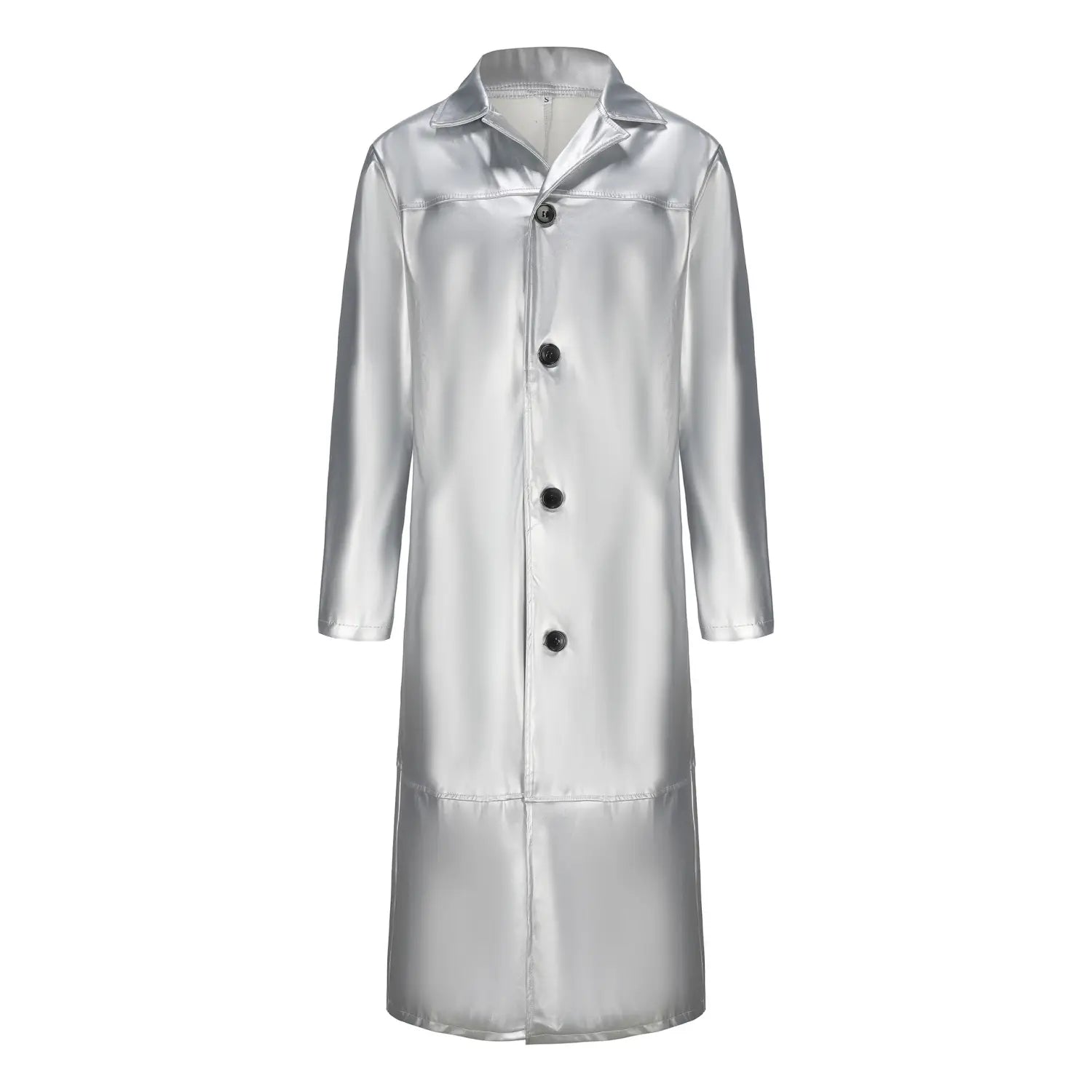 Manteau trench-coat en satin argenté brillant, avec boutons noirs et col classique, présenté comme une longue veste en cuir pour homme, style goth.