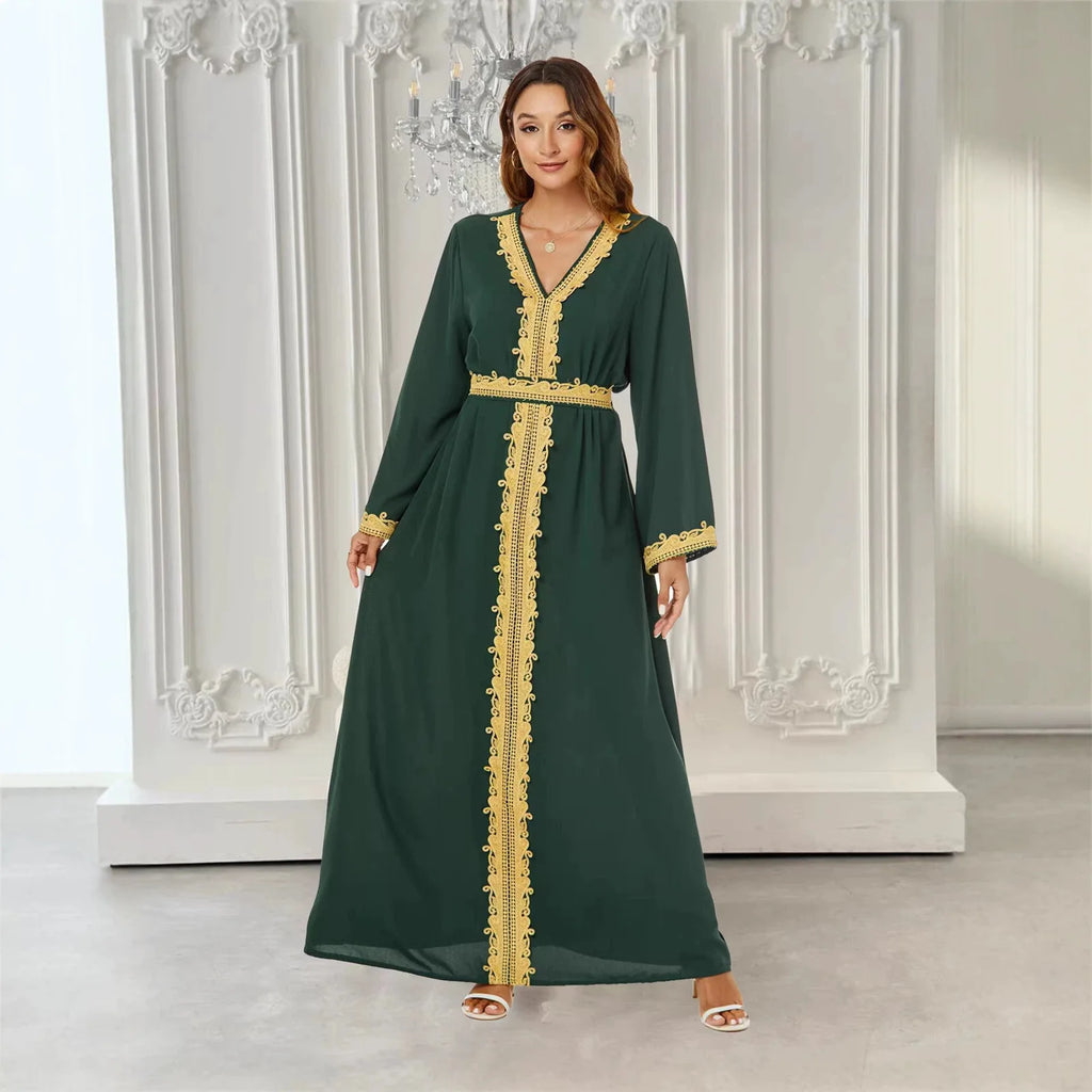 Gold Thread Lace Embroidery V-neck Waist Tied Dress Luxurious Elegant Ethnic Style Dignified Daily Gatherings Long Sleeved Robe