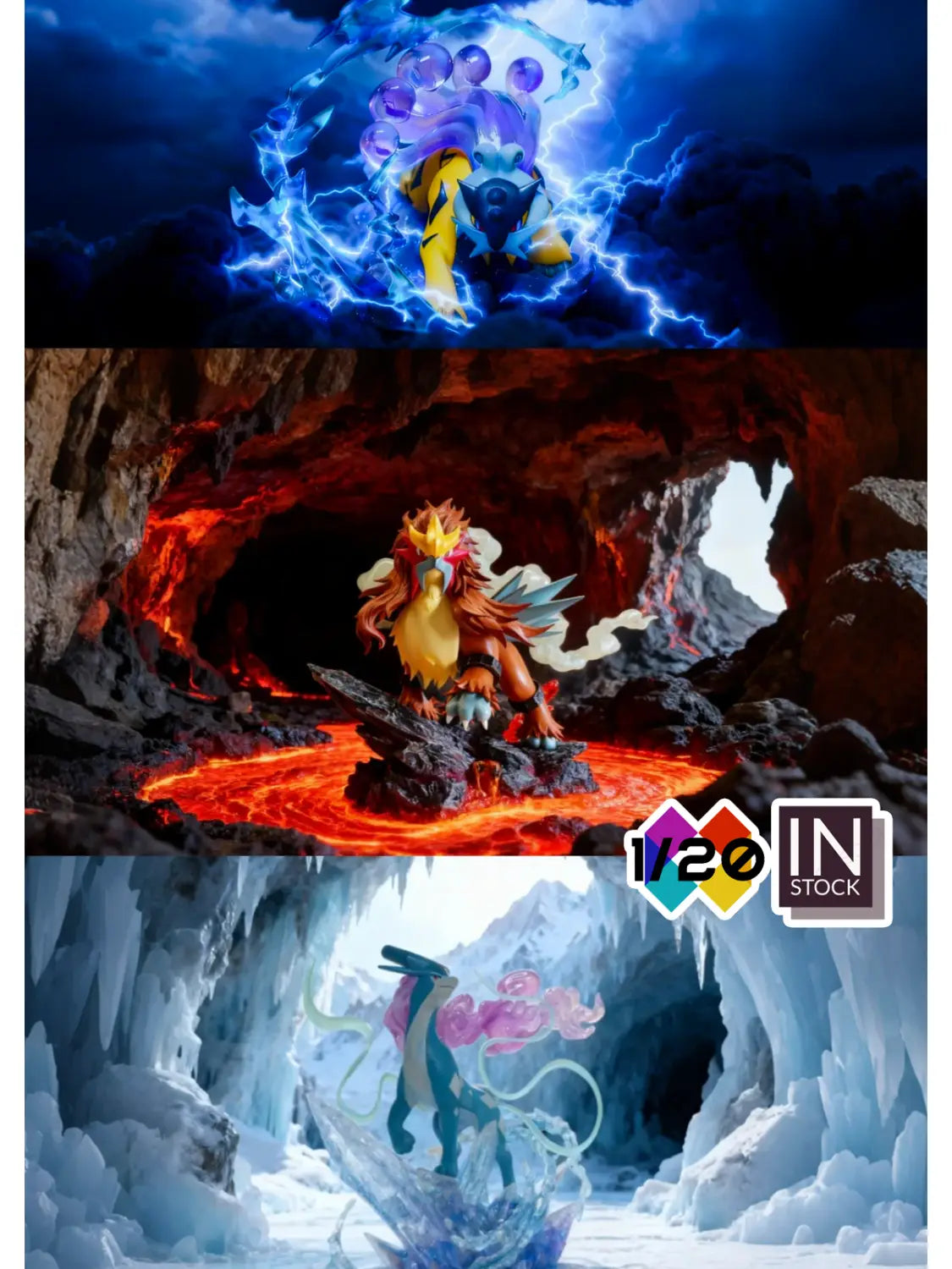 La imagen muestra tres figuras distintas originales de resina coleccionables de Pokémon a escala 1/20, con un Pokémon tipo eléctrico amarillo y negro, un Pokémon tipo ave ígnea naranja y dorado, cada uno presentado en una pose dinámica sobre una base de torre quemada de Ciudad Paleta.