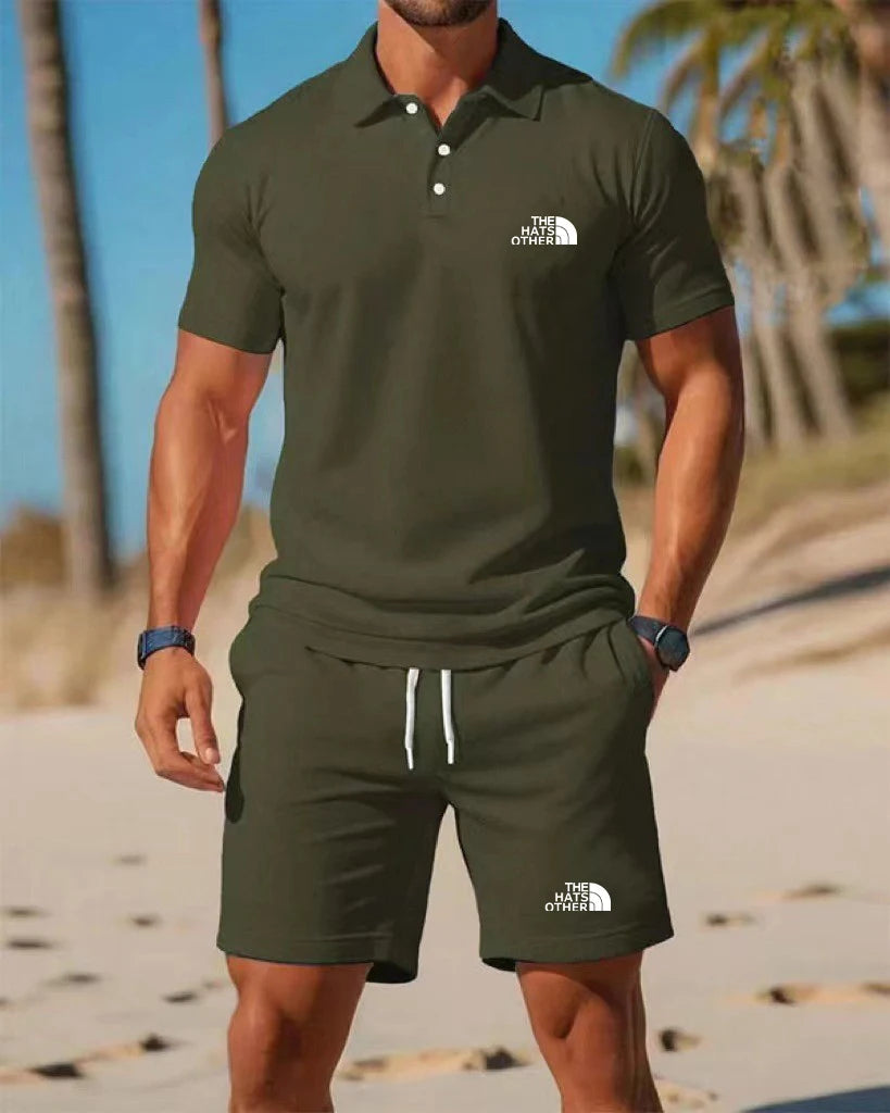 Men’s knit polo and shorts set in olive green featuring white button accents on the polo shirt and The North Face logo on the chest and lower leg.