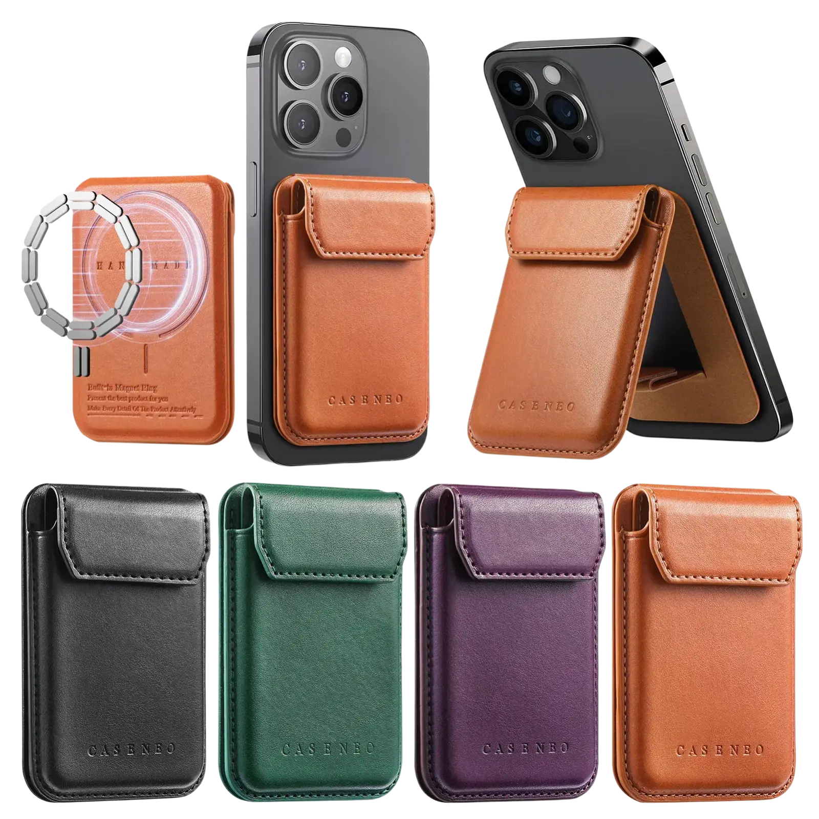 Brauner Leder-Handy-Kartenhalter mit magnetischer Klammer und klappbarem Stand, mit Prägung „case neo“ auf der Vorderseite.