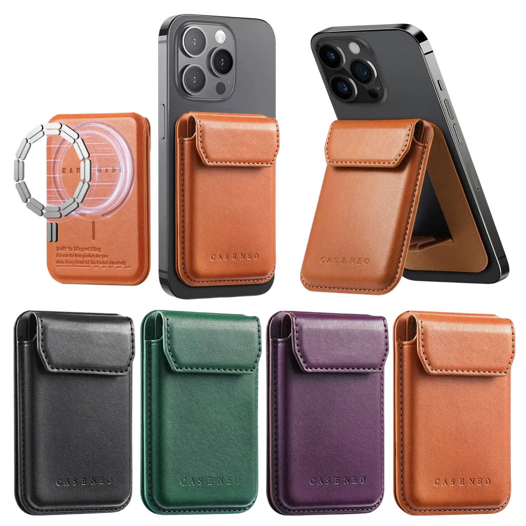 Brown leather magnetic phone wallet with embossed logo shown from front for magsafe compatible phone cases
