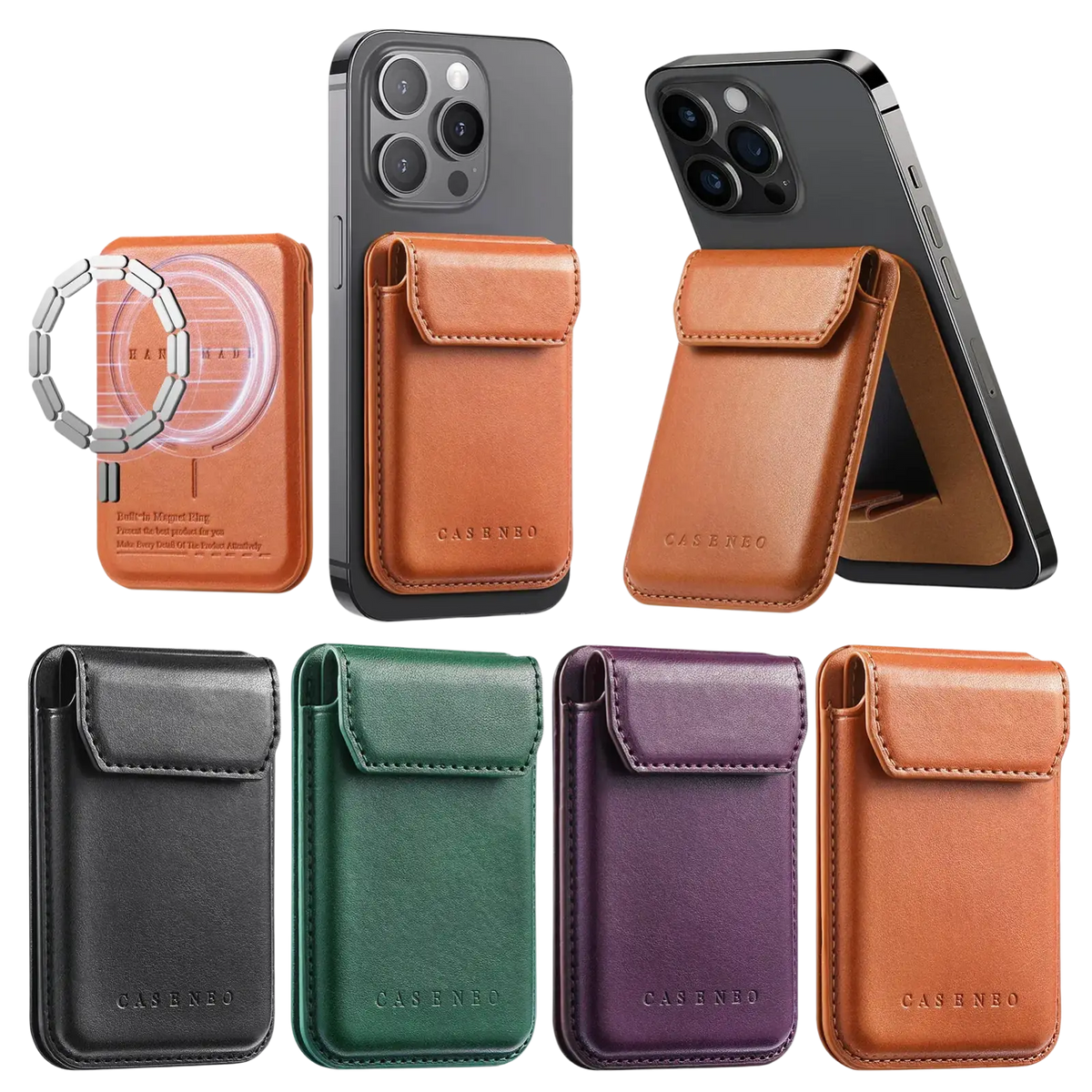 Brown leather magnetic phone wallet with embossed logo shown from front for magsafe compatible phone cases