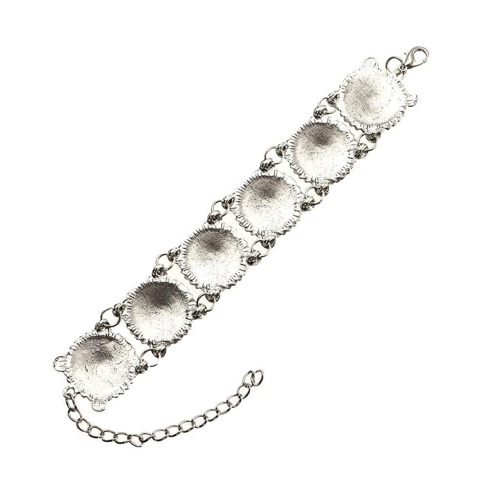 Silver-toned boho vintage bracelet featuring five circular textured disc charms linked by a delicate chain and secured with a lobster clasp.