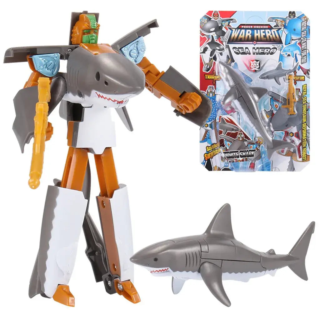 Gray and orange finished goods shark transforming robot toy with white accents featuring a dual-mode design including humanoid robot and fish-shaped forms.