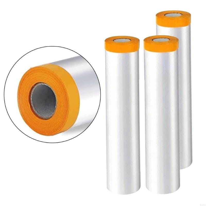 Trois rouleaux de film de protection de meubles anti-poussière transparent, avec des noyaux en carton orange vif, pour préserver les surfaces des meubles.