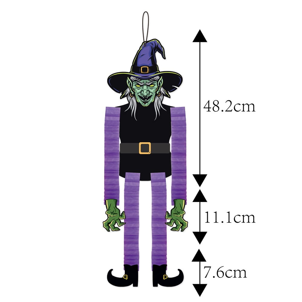 Halloween-Papierschmuckanhänger-Ornament einer lila- und schwarzfarbenen Hexe mit grünem Gesicht, goldener Schnallengürtel und spitzem Hut.