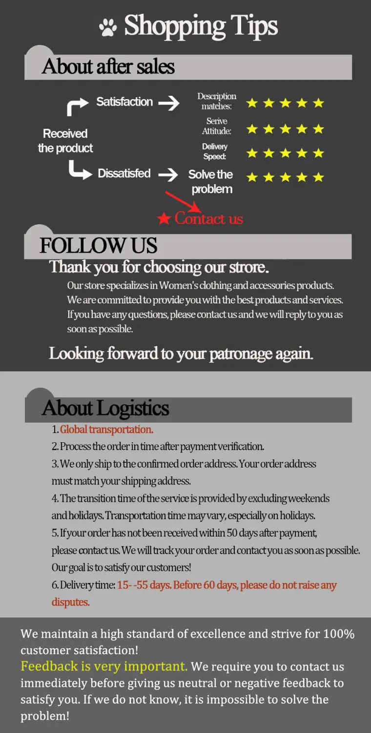 the dark gray informational flyer with white and red text details customer service policies for the wool plaid peplum blazer and trousers suit.