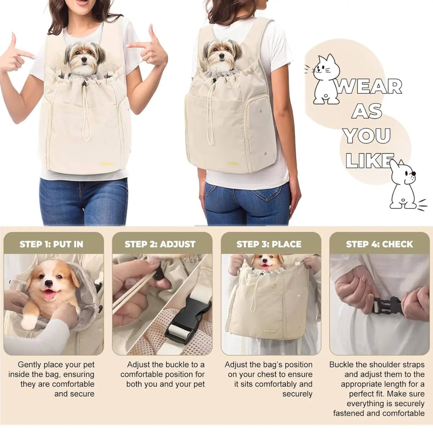 Sac à dos de transport pour animaux souple beige pour la poitrine, le cou et le dos, avec une poche avant présentant un design de visage de chien imprimé pour chats et chiens