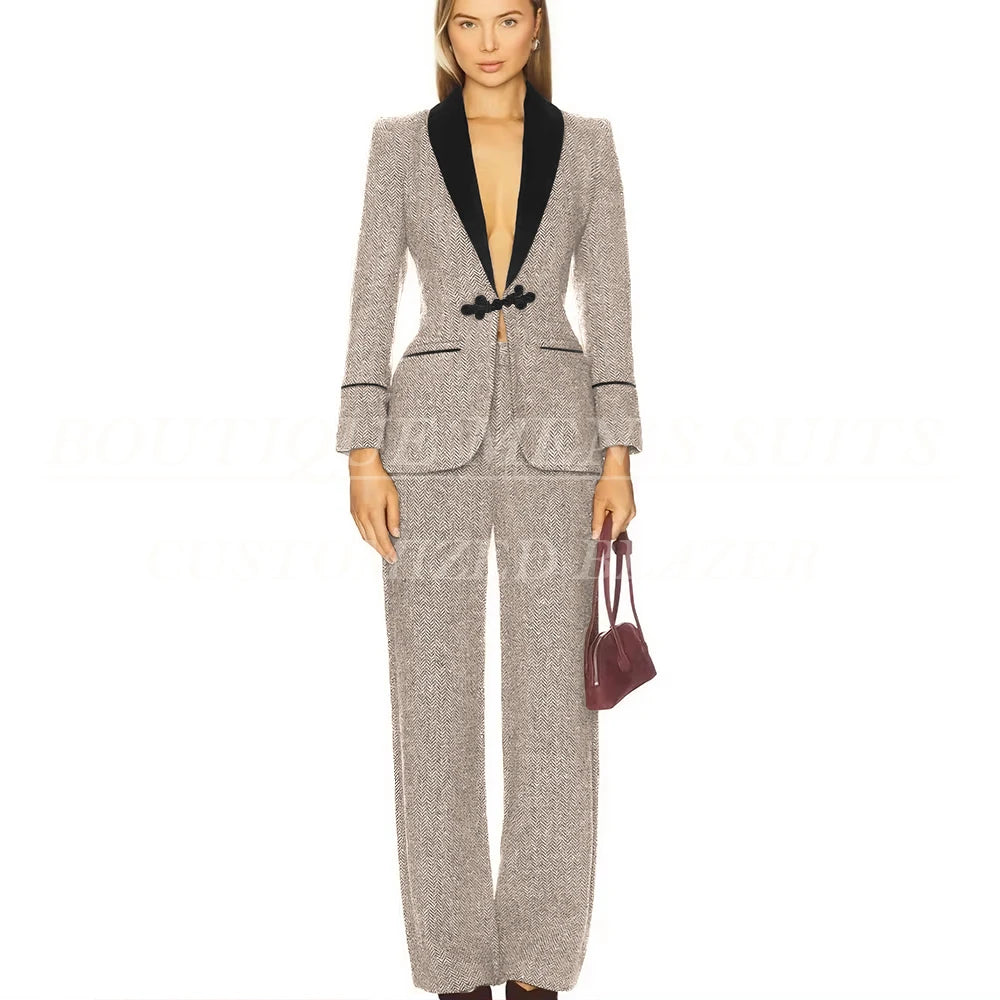Formal Women's Suits Tweed Single Button Shawl Lapel Slim Fit 2 Piece Jacket Pants Luxury Office Lady Female Clothing Outfits