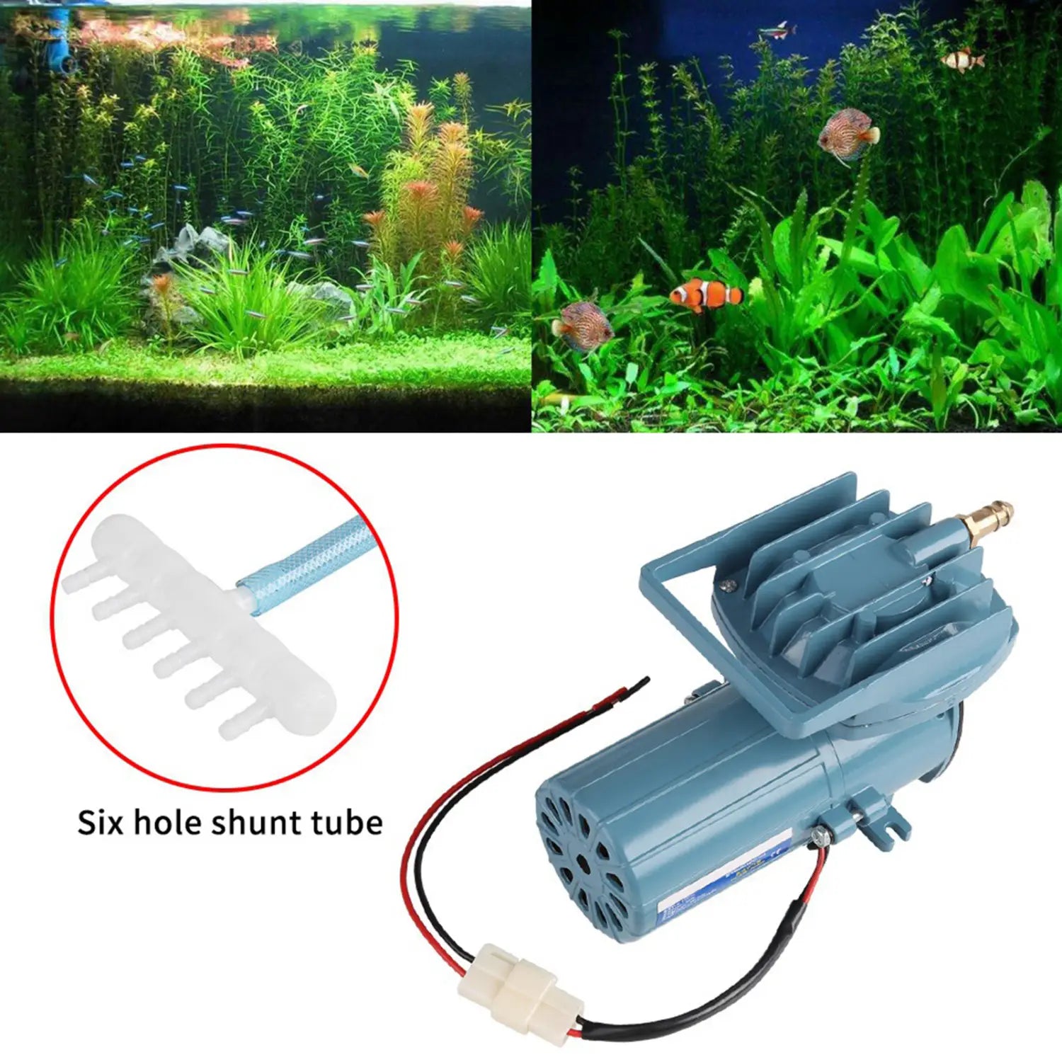 Blue plastic 12v 35w air pump for fish pond and aquarium with a six-hole shunt tube.