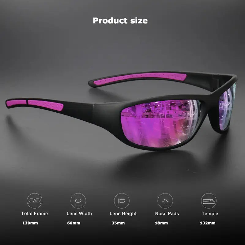 Gafas de sol deportivas polarizadas negras y rosas con protección UV400 y lentes moradas espejadas diseñadas para actividades al aire libre.