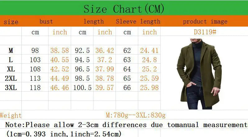 Abrigo largo de lana color verde oliva, de tejido grueso, con cuello clásico y mangas largas, chaqueta de invierno de color sólido para hombres.