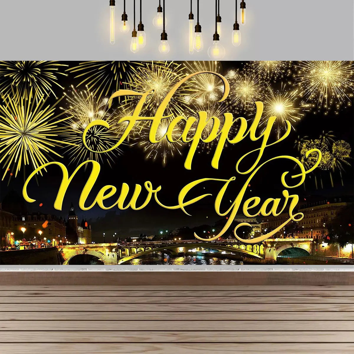 golden happy new year cursive text photography backdrop featuring fireworks and a cityscape for new year party celebrations.