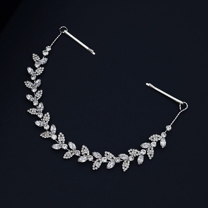 Silver rhinestone leaf bridal headband with two bobby pins for secure wear wedding hair accessory