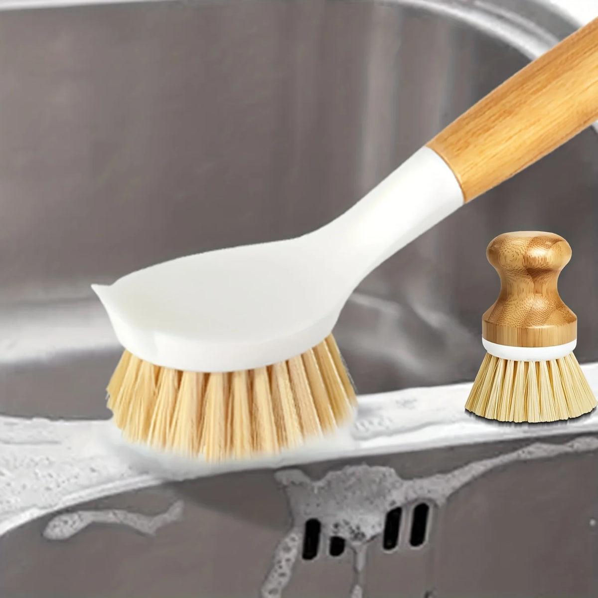 Kitchen Sponge Dish Brush, Bamboo Dish Brush, Bottle Brush, Wooden Palm Basin Brush, Cleaning Brush with Sisal Brushing