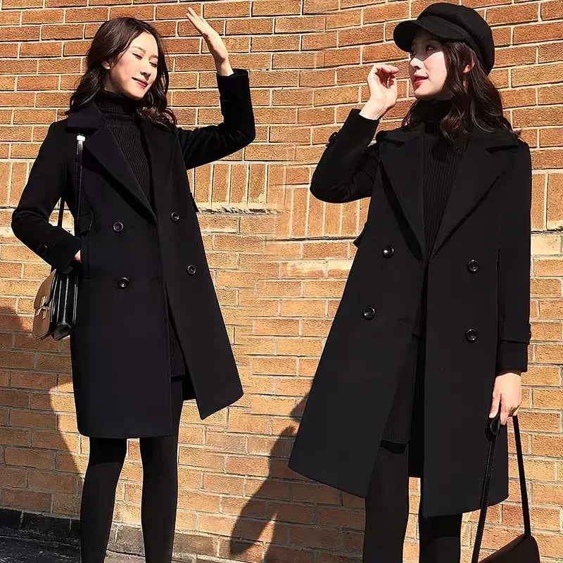 Women Autumn Winter Black Woolen Coat Female Suit Collar Korean Fashion Wool Blend Overcoat Mid Length Add Cotton Warm Jacket