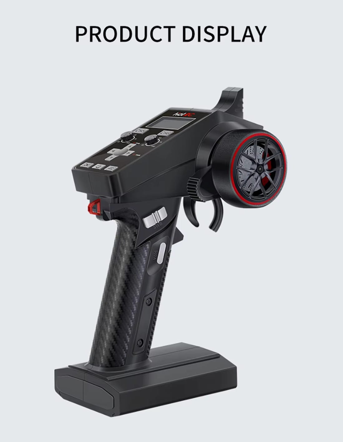 Control remoto ct-6a para coche y barco con textura negra tipo fibra de carbono, empuñadura del acelerador con acentos rojos y pantalla digital.