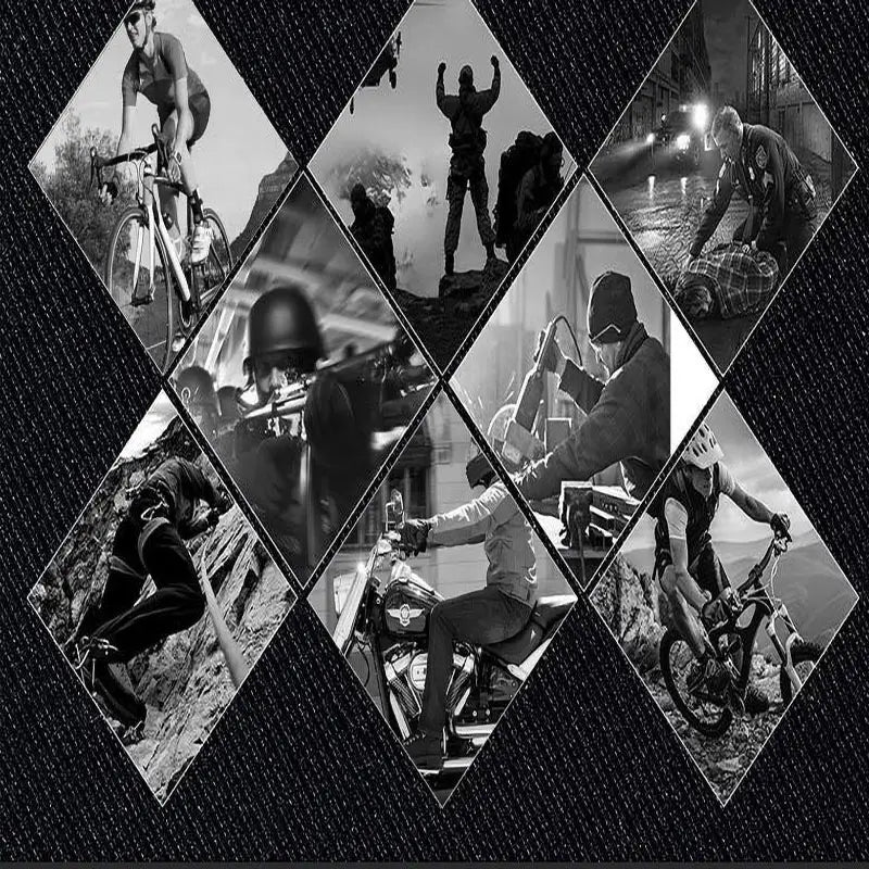 black and white diamond-shaped collage of action scenes highlighting touchscreen work gloves for men and women with touchscreen compatibility for versatile use