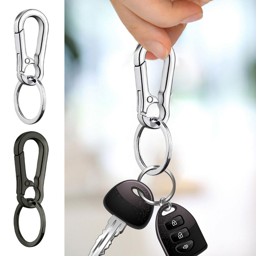 Zinc alloy car keychain anti-lost carabiner ring in silver and black metal with a spring-loaded gate design.