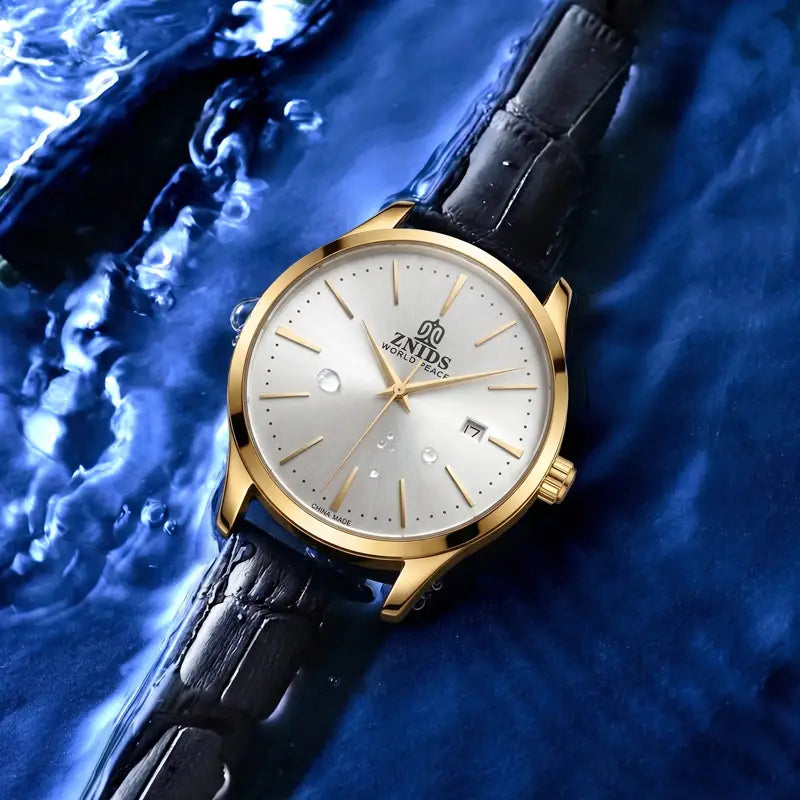 Gold-toned znids world peace automatic skeleton mechanical watch with a silver dial, gold hands and hour markers, and a black crocodile-pattern leather strap.