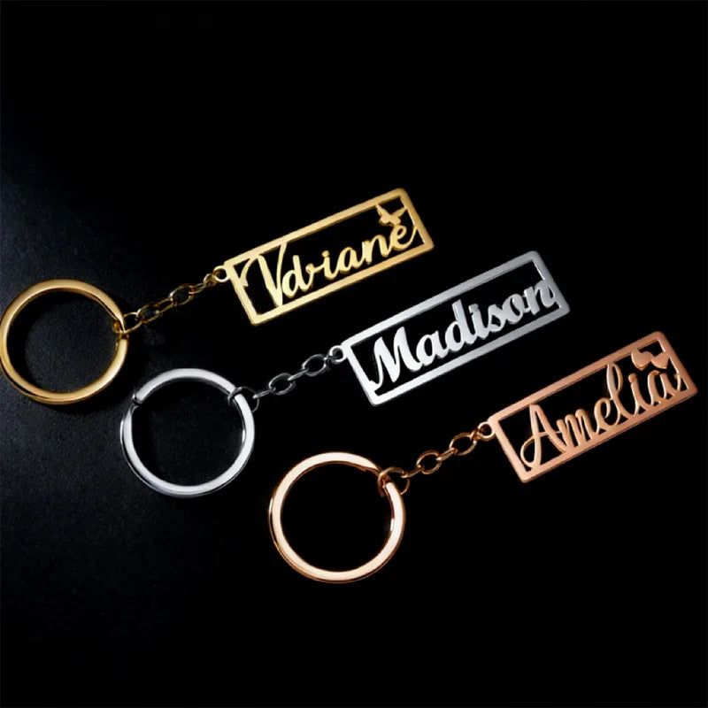 Personalized Name Letter Keychains Stainless Steel Custom Hollow Nameplate Square Pendant Key Ring Gift for Boyfriend Girlfriend