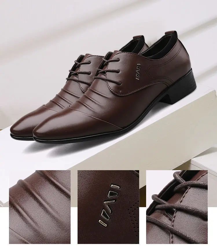 Zapatos de vestir de hombre de cuero marrón con punta fina y cordones negros, calzado con cordones formal diseñado para ocasiones elegantes.