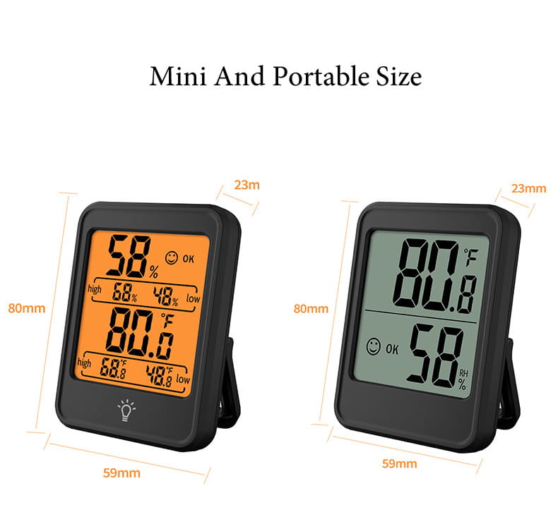 Medidor digital interior de temperatura y humedad negro con soporte, que presenta una pantalla iluminada naranja o verde que muestra lecturas de temperatura y humedad.