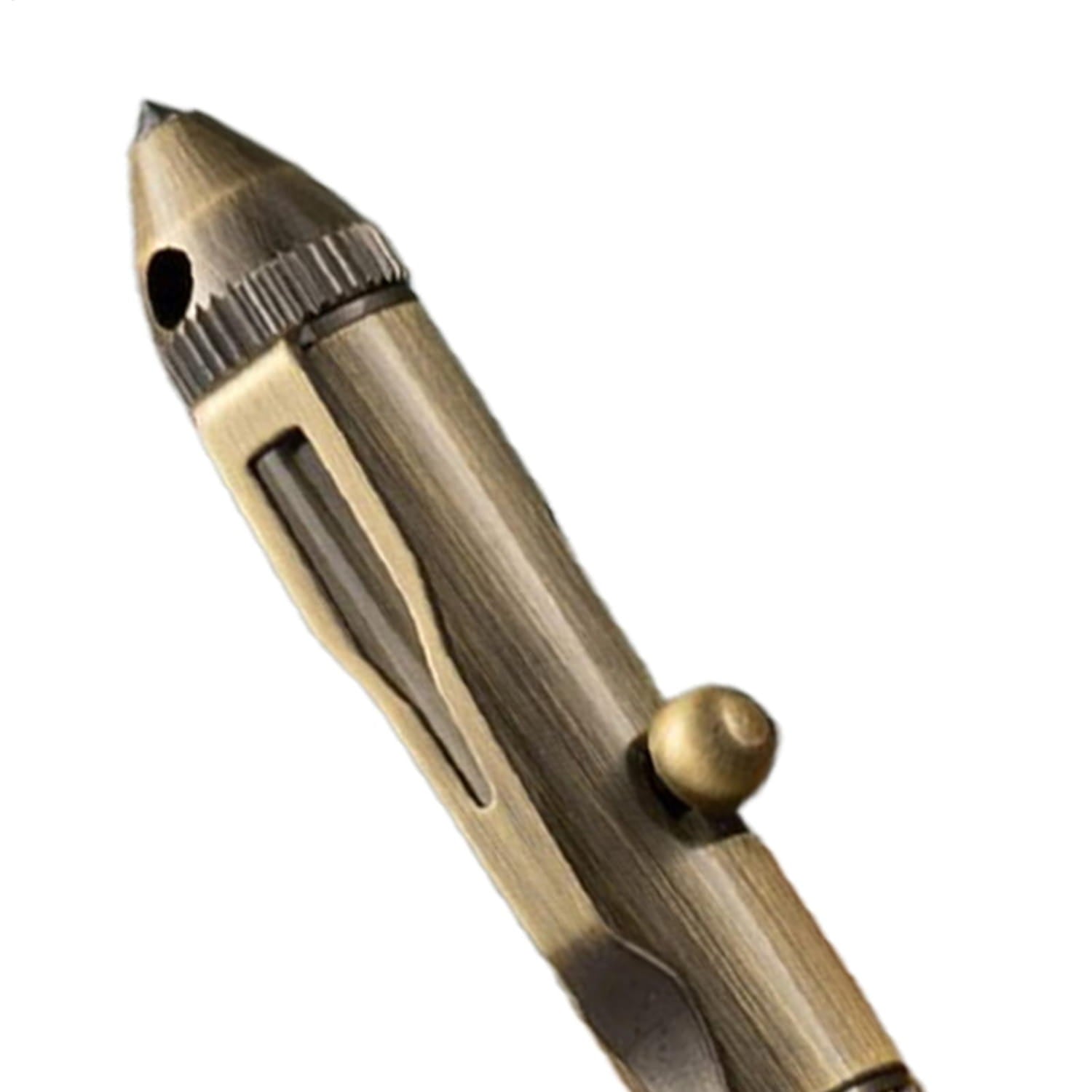Un stylo de voyage rétro en laiton de couleur antique pour hommes, en métal laiton, avec une prise texturée et une pointe effilée.
