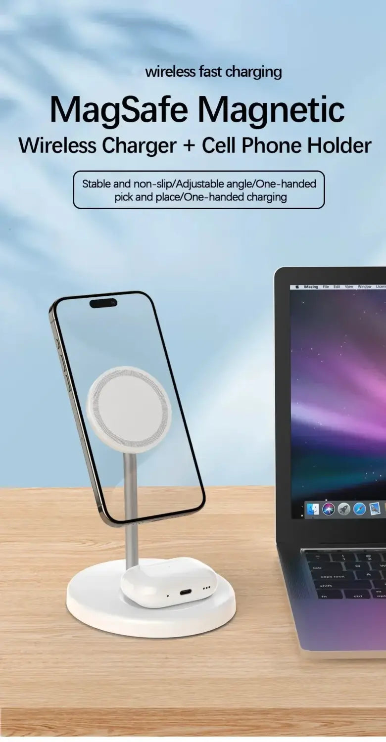 White magnetic wireless charger stand with magsafe, integrated cell phone holder, and adjustable stand for wireless charging of iPhone and AirPods.