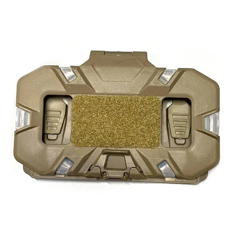 Tan tactical molle phone navigation board featuring a textured gold-colored adhesive patch and clear plastic accents.