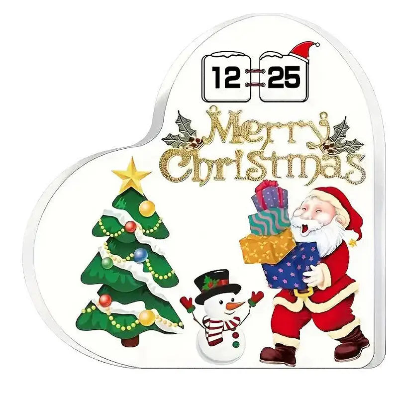 Ein herzförmiges weißes Acryl-Weihnachts-Adventskalender-Ornament mit goldglitzerndem Text und festlichen Illustrationen auf einem Desktopständer.