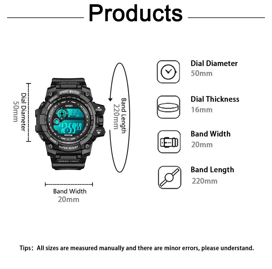 Black led digital sport watch for men with a rugged textured case and strap designed for waterproof durability.
