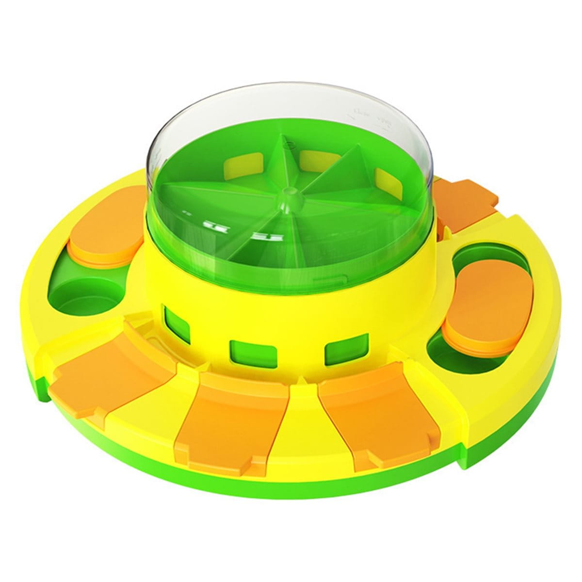 Bright yellow and green plastic slow feeder dog puzzle with a clear dome lid and dry food dispenser design.