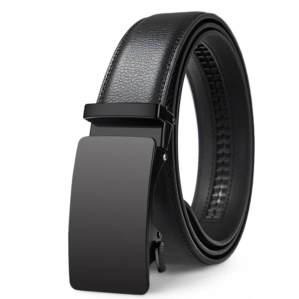 Oyifan ratchet leather belt for men in black leather with a sleek matte-finish automatic buckle.