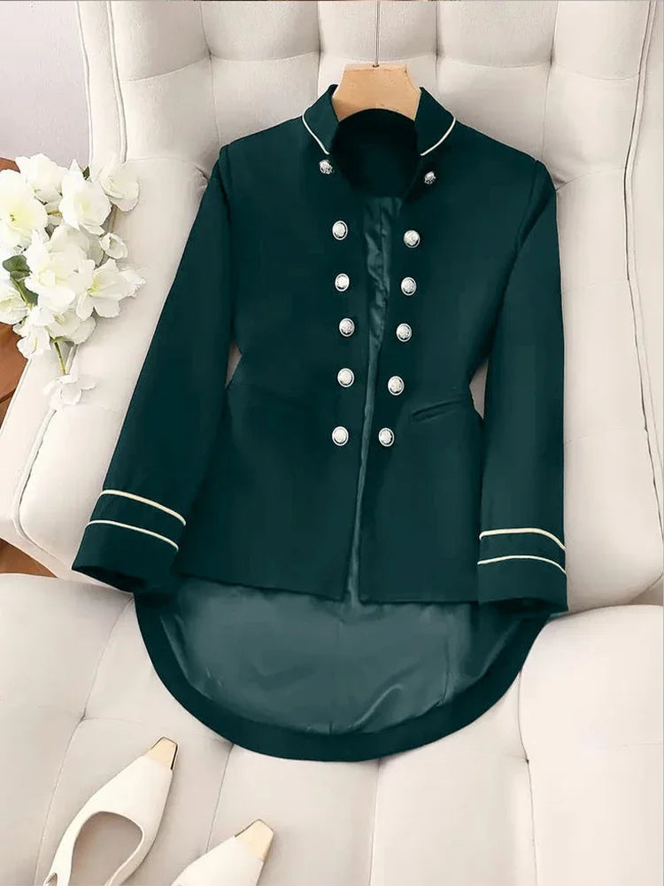 Elegant Tailed Blazers Coat For Women 2026 Tops Chic Stand Collar Long Sleeve Jacket Outerwear Office Lady Spring Autumn Fashion